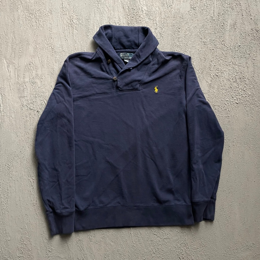 Vintage polo Ralph Lauren Shawl Neck Pullover Sweatshirt Mens L Navy Blue 90s